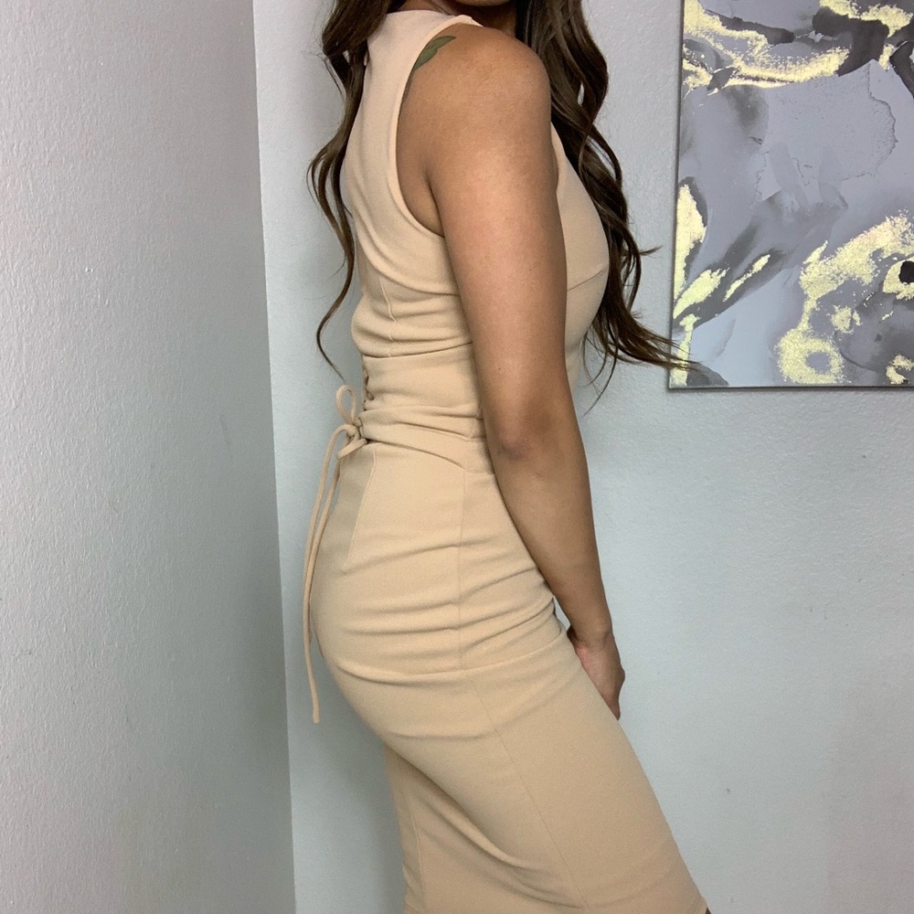 Sleeveless Tan Midi Dress with Corset Waist
